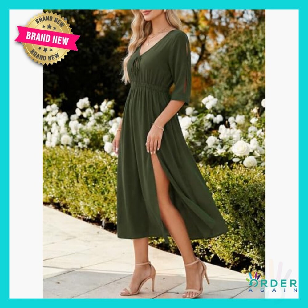 V-Neck Batwing Sleeve Midi Dress Flowy A-Line Casual Elegant Summer Vacation - Picture 4 of 7
